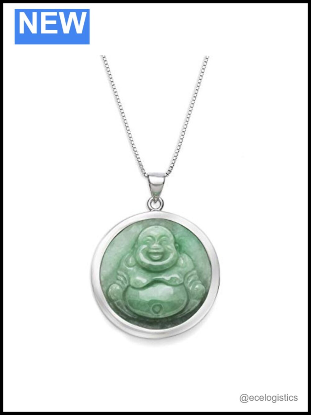 Natural Green Jade Laughing Buddha Pendant Necklace 925 Sterling Silver 18 Inch